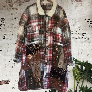 Upcycled patched flannel plaid print nubby jacket